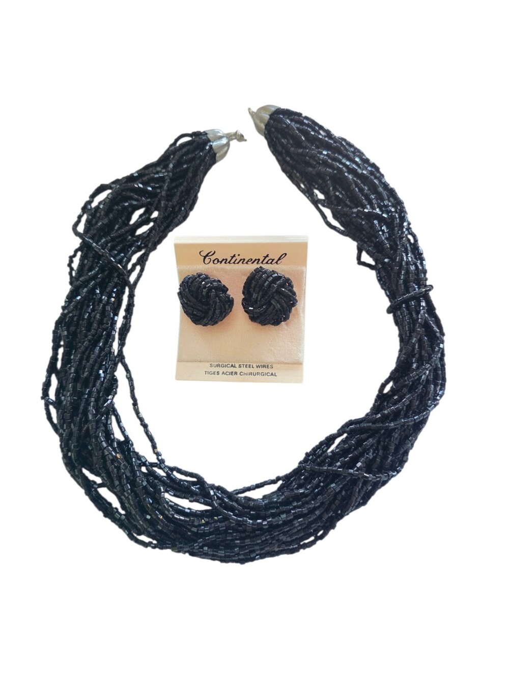 Continental Vintage Black Beaded Multi-Strand Necklace with Knot Stud Earrings